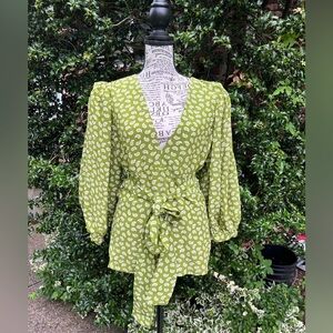 Attic and Barn Green Patterned Blouse Tie Belt Puffed Sleeves IT44 US M-6